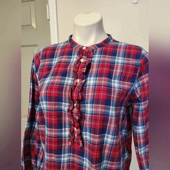 J.Crew Mercantile Preppy Chic Flannel Plaid Ruffle Cotton Popover Blouse(M) - Picture 6 of 9